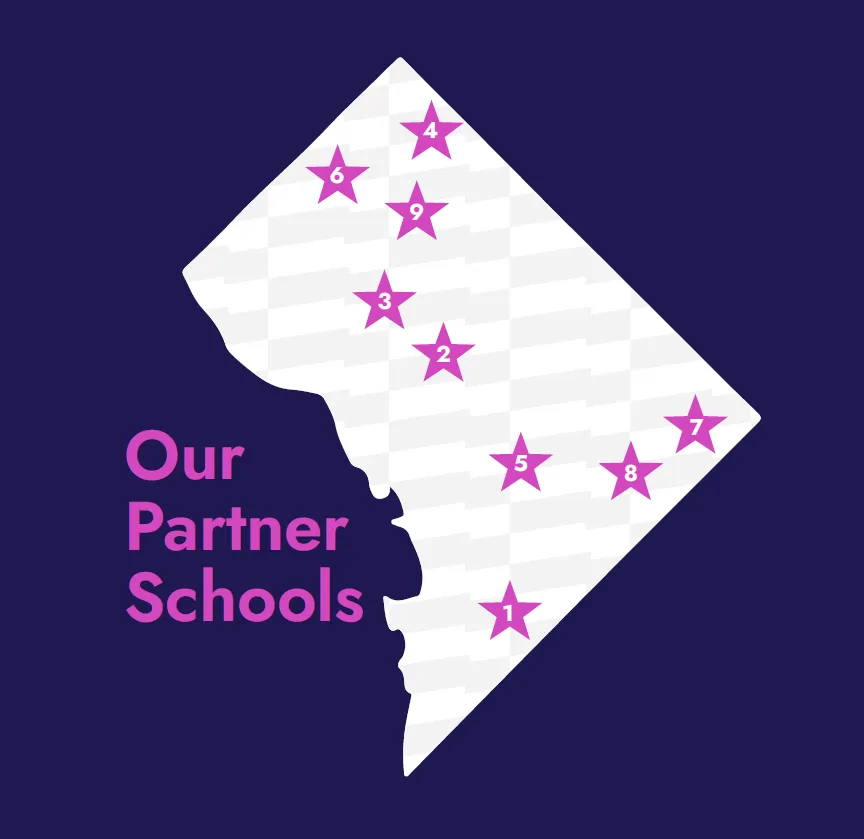 A map of DC with the NEXTDC partner acadmies marked in all wards of the city